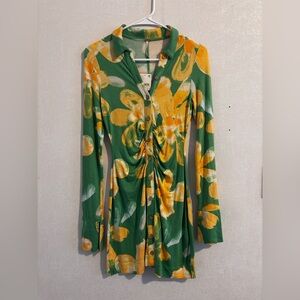 Free People | Floral Green and Yellow Button-Up Dress | Size XS